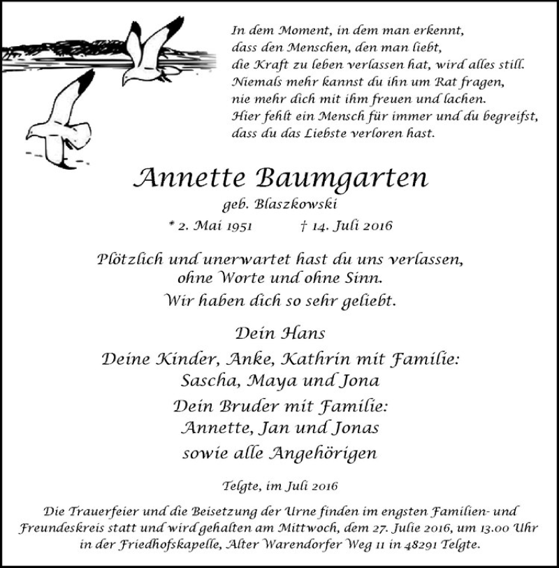  Traueranzeige für Annette Baumgarten vom 20.07.2016 aus Westfälische Nachrichten
