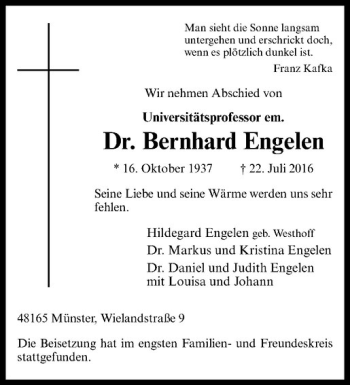 Anzeige von Bernhard Engelen von Westfälische Nachrichten