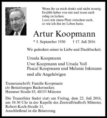 Anzeige von Artur Koopmann von Westfälische Nachrichten
