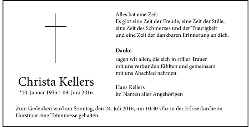  Traueranzeige für Christa Kellers vom 16.07.2016 aus Westfälische Nachrichten