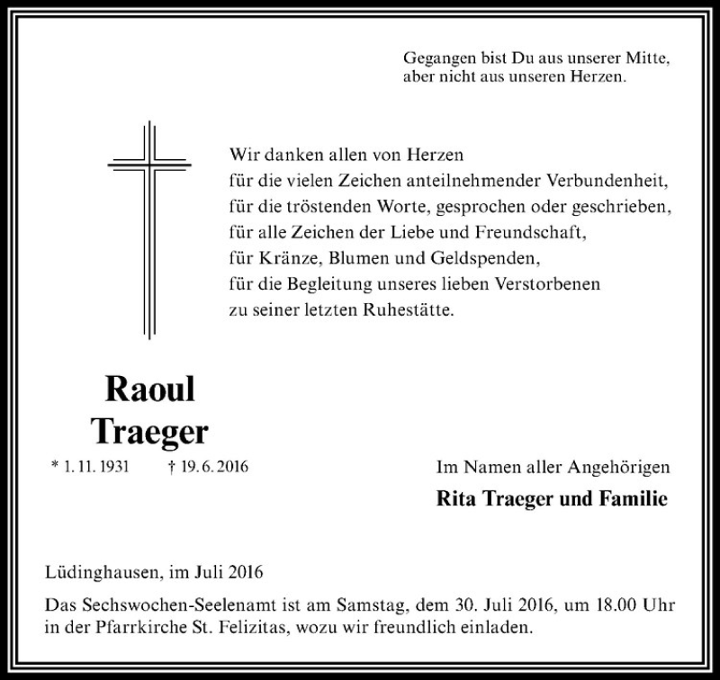  Traueranzeige für Raoul Traeger vom 23.07.2016 aus Westfälische Nachrichten