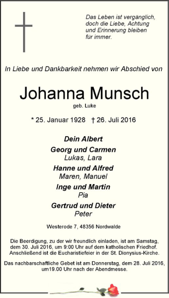 Anzeige von Johanna Munsch von Westfälische Nachrichten