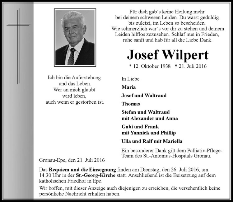  Traueranzeige für Josef Wilpert vom 23.07.2016 aus Westfälische Nachrichten