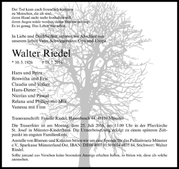Anzeige von Walter Riedel von Westfälische Nachrichten
