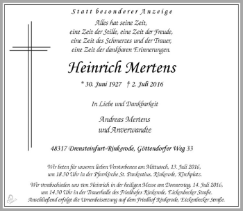 Anzeige von Heinrich Mertens von Westfälische Nachrichten