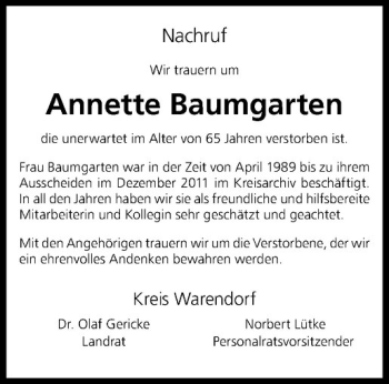 Anzeige von Annette Baumgarten von Westfälische Nachrichten