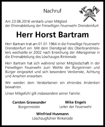 Anzeige von Horst Bartram von Westfälische Nachrichten