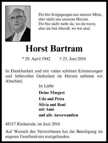 Anzeige von Horst Bartram von Westfälische Nachrichten