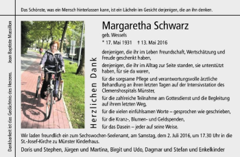 Anzeige von Margaretha Schwarz von Westfälische Nachrichten