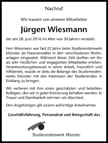 Anzeige von Jürgen Wiesmann von Westfälische Nachrichten