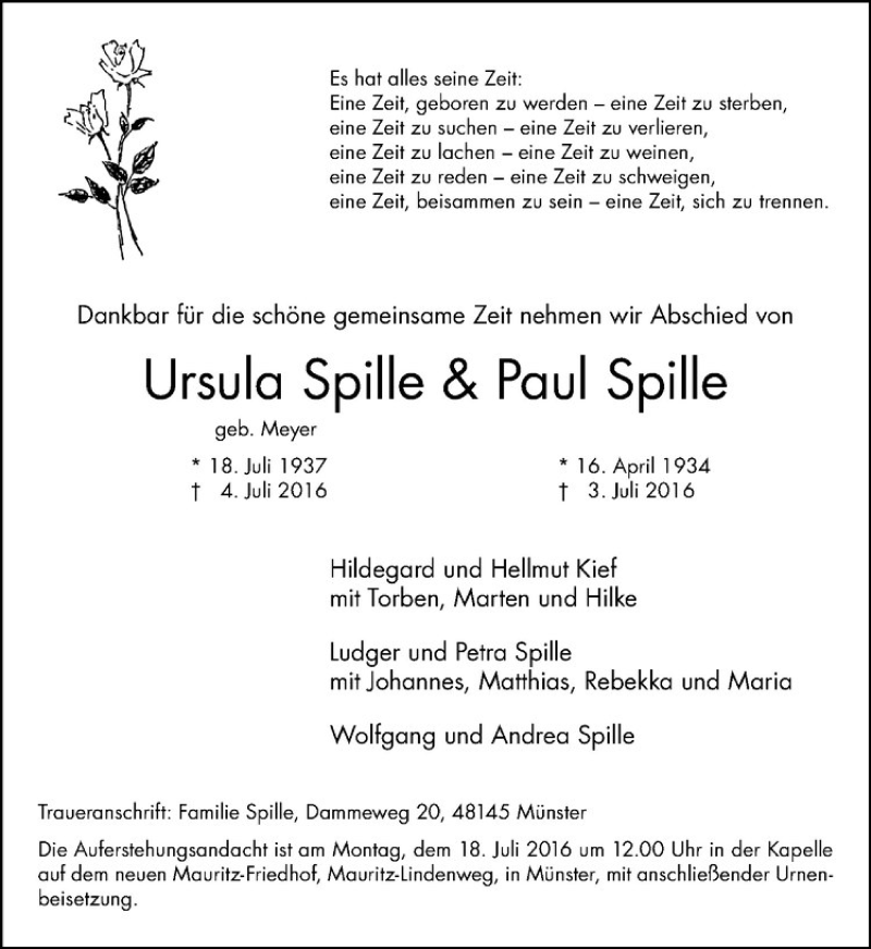  Traueranzeige für Ursula Spille vom 09.07.2016 aus Westfälische Nachrichten