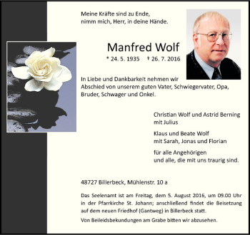 Anzeige von Manfred Wolf von Westfälische Nachrichten