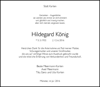 Anzeige von Hildegard König von Westfälische Nachrichten