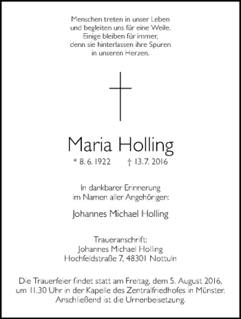 Anzeige von Maria Holling von Westfälische Nachrichten