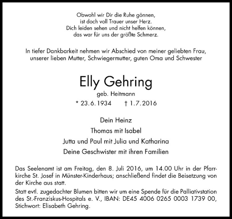  Traueranzeige für Elly Gehring vom 05.07.2016 aus Westfälische Nachrichten