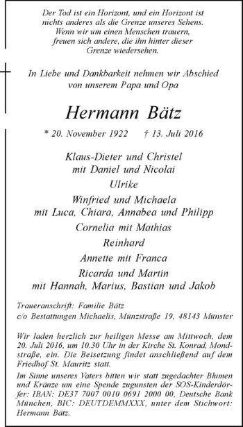 Anzeige von Hermann Bätz von Westfälische Nachrichten