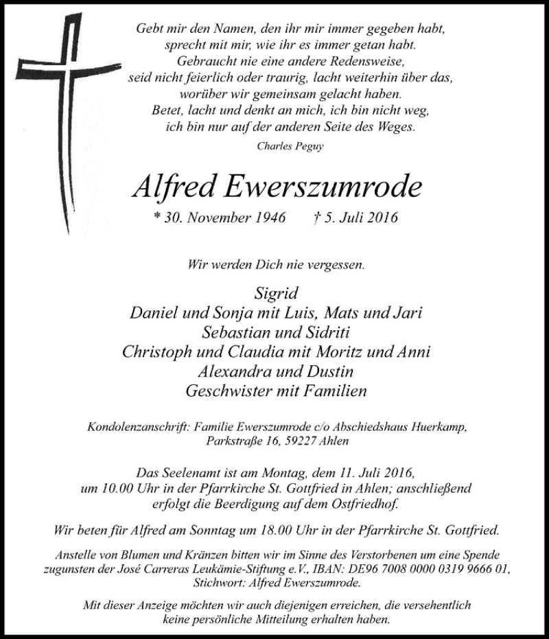  Traueranzeige für Alfred Ewerszumrode vom 08.07.2016 aus Westfälische Nachrichten