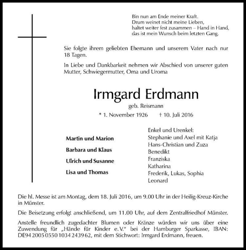  Traueranzeige für Irmgard Erdmann vom 16.07.2016 aus Westfälische Nachrichten