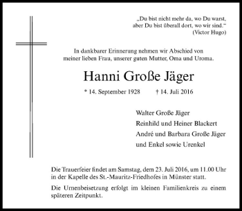 Anzeige von Hanni Große Jäger von Westfälische Nachrichten