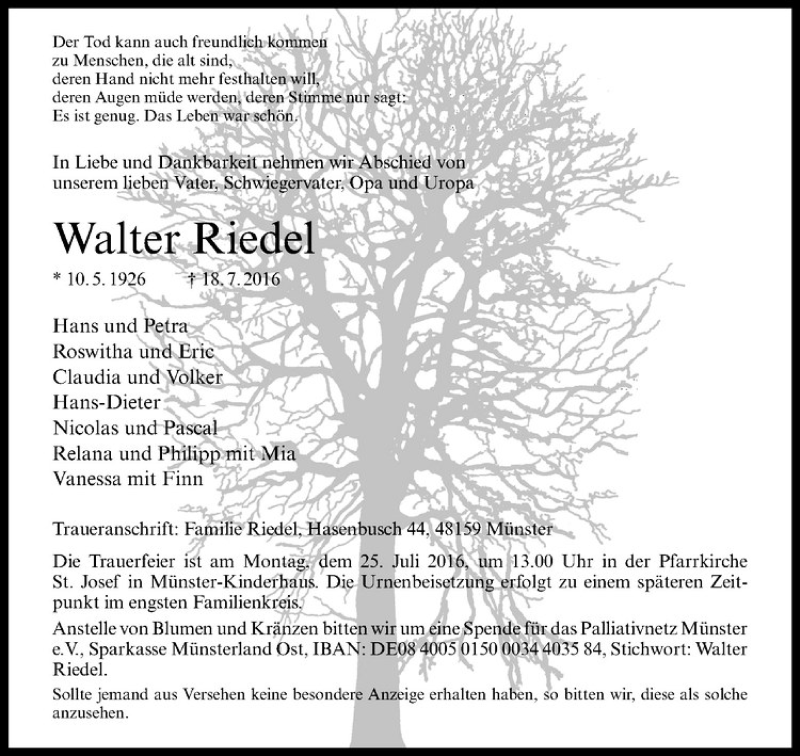  Traueranzeige für Walter Riedel vom 20.07.2016 aus Westfälische Nachrichten