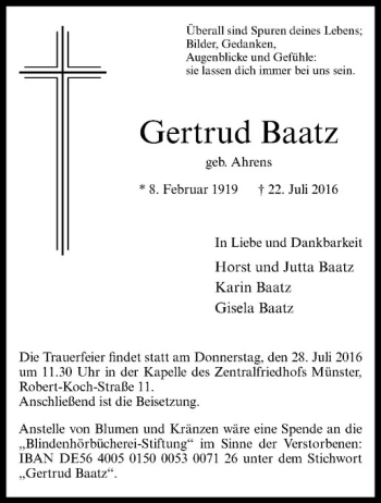 Anzeige von Gertrud Baatz von Westfälische Nachrichten
