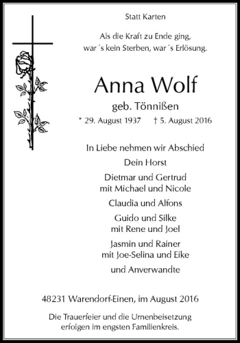 Anzeige von Anna Wolf von Westfälische Nachrichten