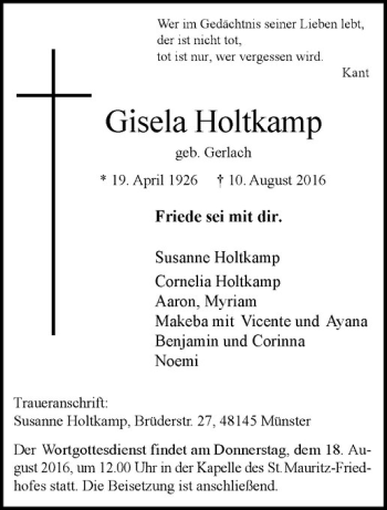 Anzeige von Gisela Holtkamp von Westfälische Nachrichten