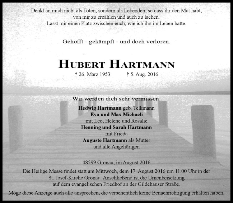  Traueranzeige für Hubert Hartmann vom 10.08.2016 aus Westfälische Nachrichten