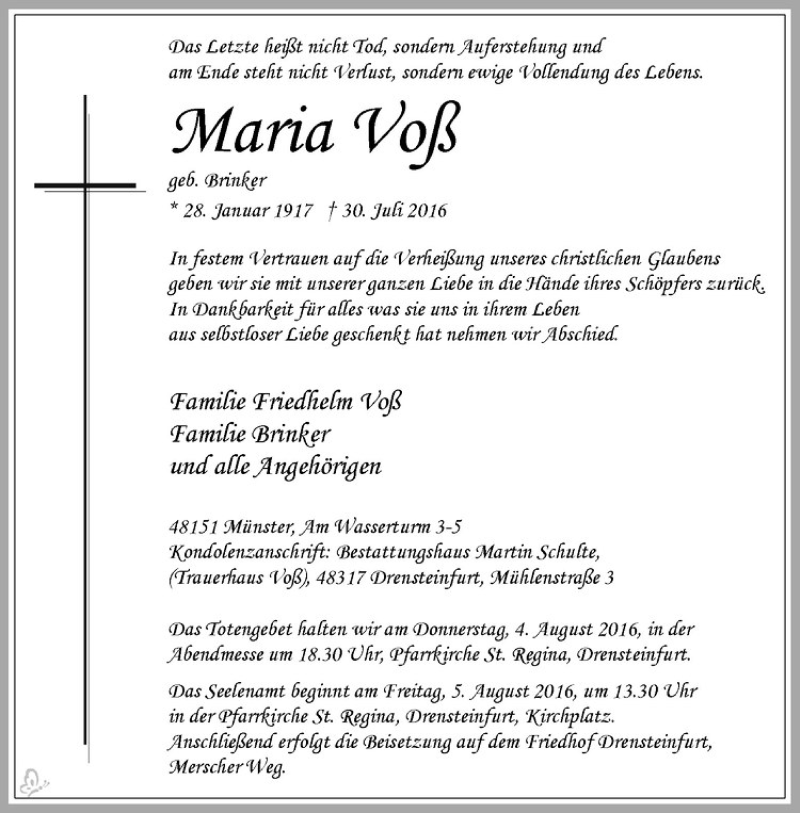  Traueranzeige für Maria Voß vom 03.08.2016 aus Westfälische Nachrichten