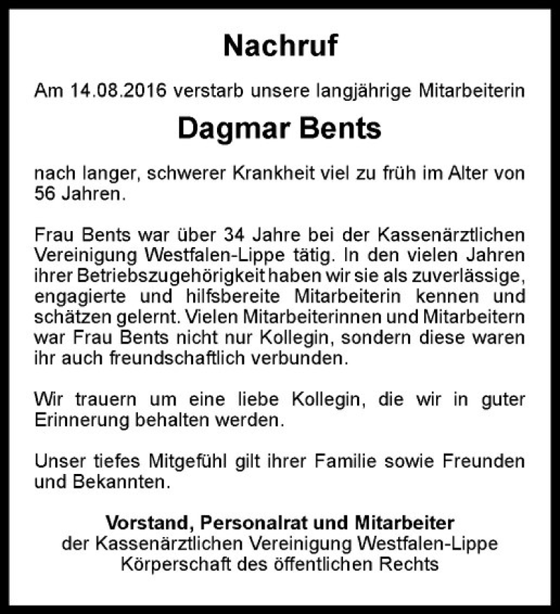  Traueranzeige für Dagmar Bents vom 27.08.2016 aus Westfälische Nachrichten