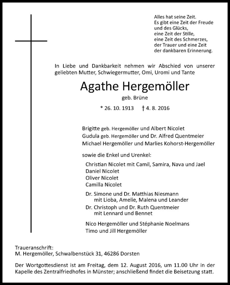  Traueranzeige für Agathe Hergemöller vom 10.08.2016 aus Westfälische Nachrichten