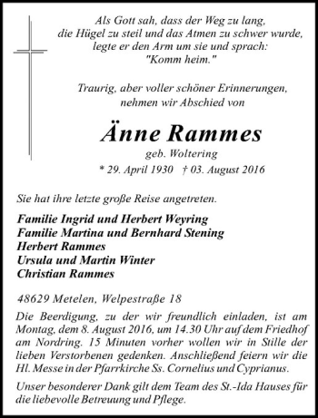Anzeige von Änne Rammes von Westfälische Nachrichten
