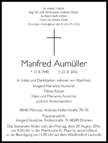 Anzeige von Manfred Aumüller von Westfälische Nachrichten