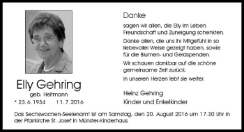 Anzeige von Elly Gerhring von Westfälische Nachrichten