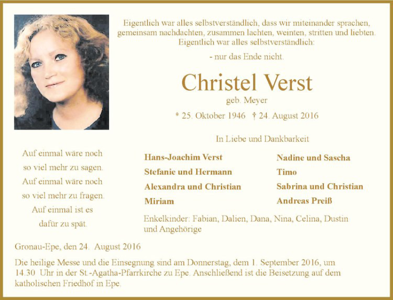  Traueranzeige für Christel Verst vom 31.08.2016 aus Westfälische Nachrichten
