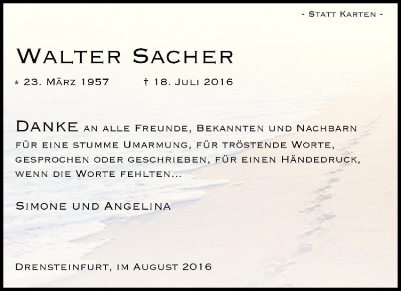  Traueranzeige für Walter Sacher vom 27.08.2016 aus Westfälische Nachrichten