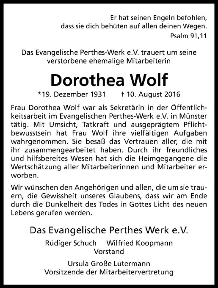  Traueranzeige für Dorothea Wolf vom 20.08.2016 aus Westfälische Nachrichten