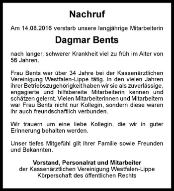 Anzeige von Dagmar Bents von Westfälische Nachrichten