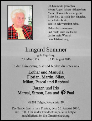 Anzeige von Irmgard Sommer von Westfälische Nachrichten