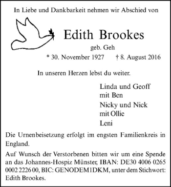 Anzeige von Edith Brookes von Westfälische Nachrichten