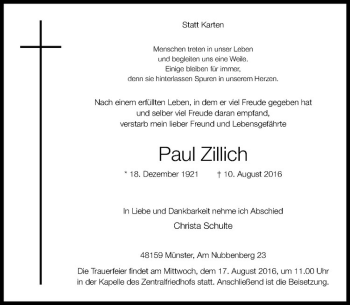 Anzeige von Paul Zillich von Westfälische Nachrichten