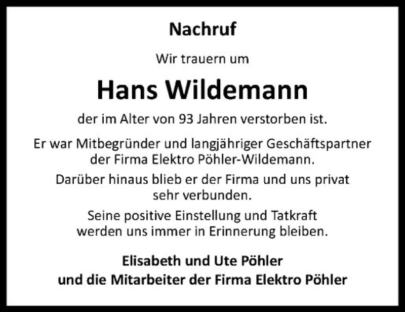  Traueranzeige für Hans Wildemann vom 02.08.2016 aus Westfälische Nachrichten