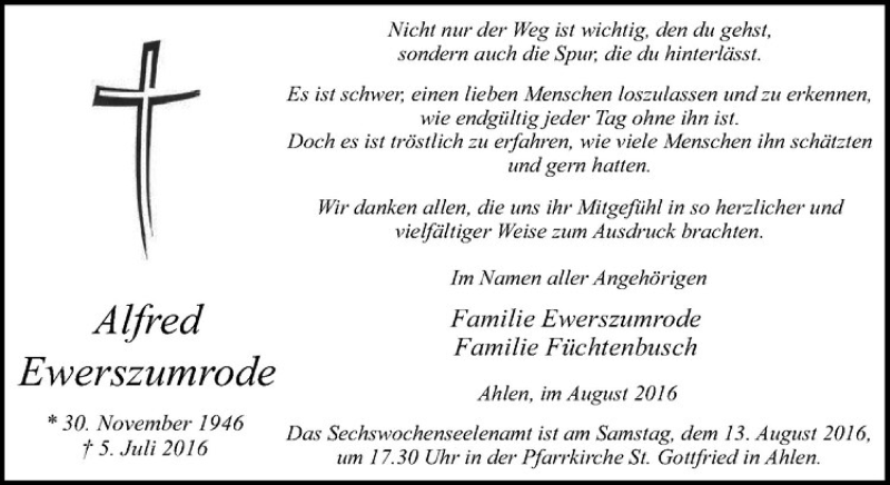 Traueranzeige für Alfred Ewerszumrode vom 06.08.2016 aus Westfälische Nachrichten