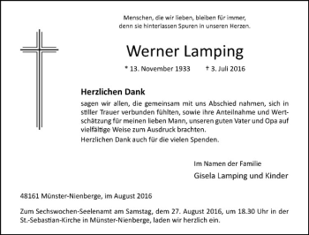Anzeige von Werner Lamping Lamping von Westfälische Nachrichten