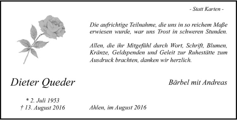  Traueranzeige für Dieter Queder vom 31.08.2016 aus Westfälische Nachrichten