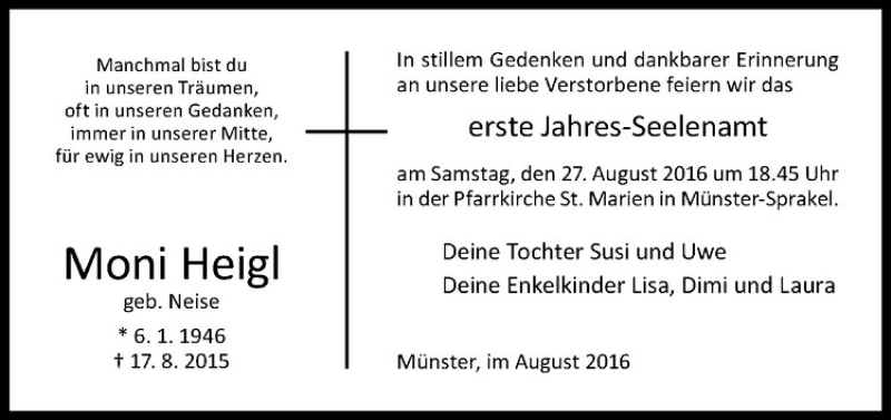  Traueranzeige für Moni Heigl vom 17.08.2016 aus Westfälische Nachrichten