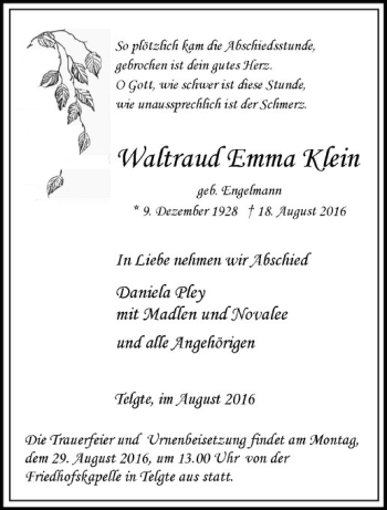 Anzeige von Waltraud Emma Klein von Westfälische Nachrichten