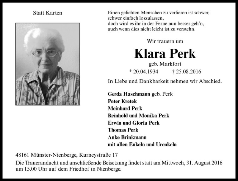 Traueranzeige für Klara Perk vom 27.08.2016 aus Westfälische Nachrichten