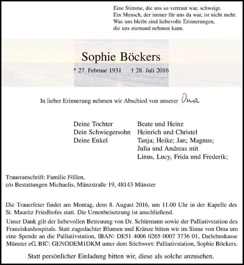  Traueranzeige für Sophie Böckers vom 03.08.2016 aus Westfälische Nachrichten