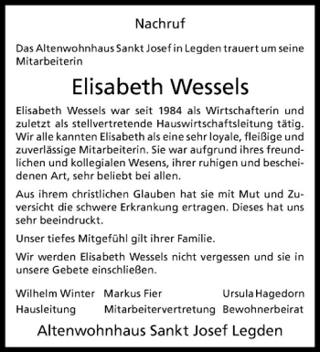 Anzeige von Elisabeth Wessels von Westfälische Nachrichten